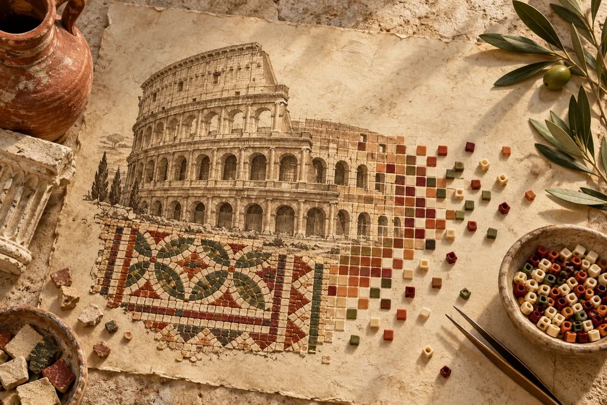Concept illustration of a Roman sketch, mosaic tesserae and a modern pixel grid.