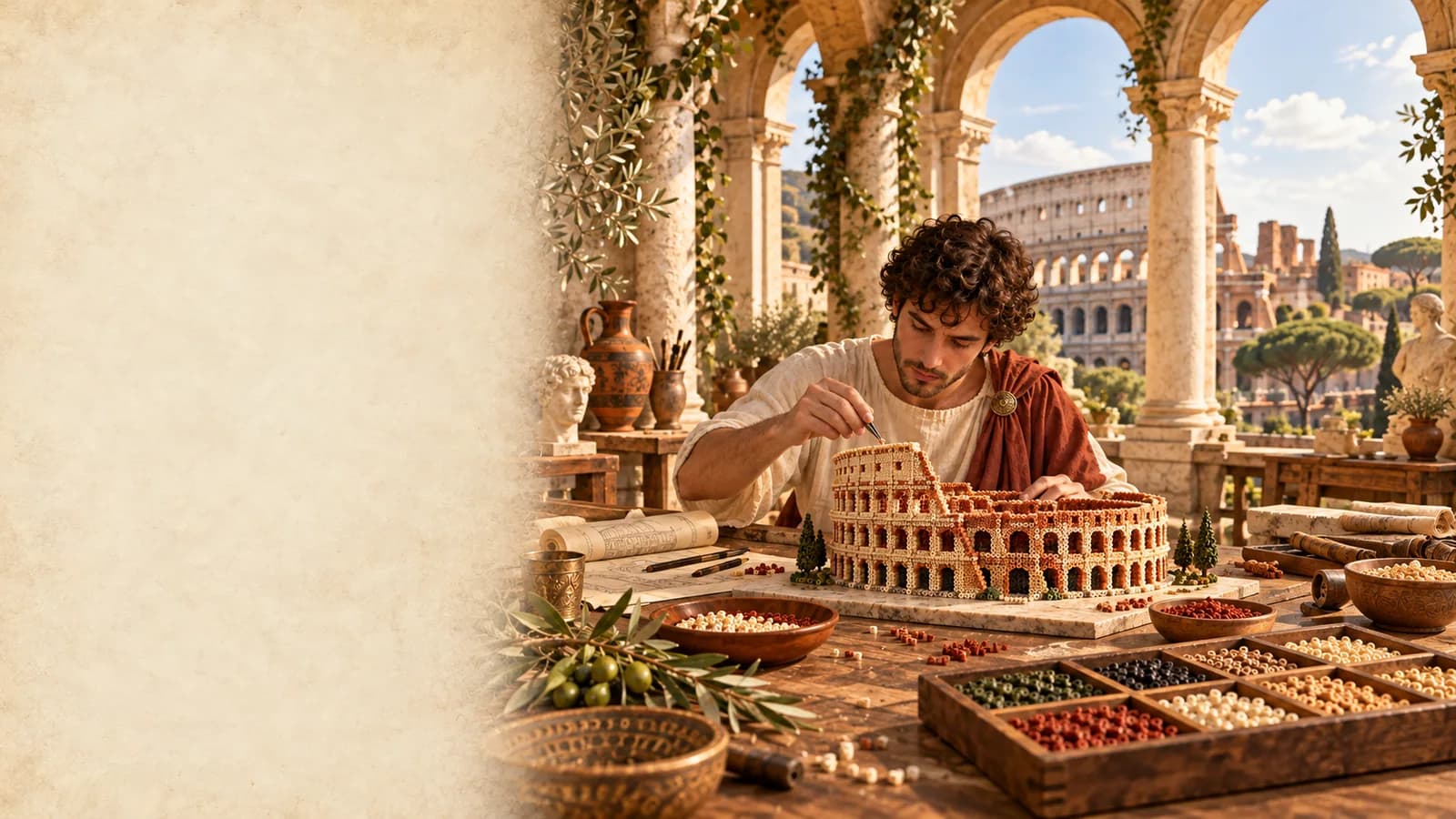 Fictional Roman-inspired artisan arranging colorful fuse beads in a sunlit atelier.