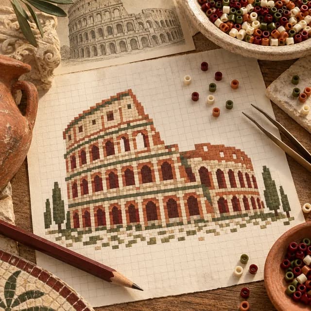 Illustrated Colosseum pattern on graph paper, representing pixel design.